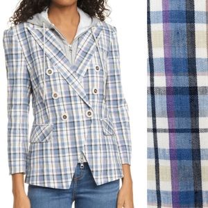 Veronica Beard Blue Plaid Empire Linen Blend Dickey Jacket Blazer NWOT